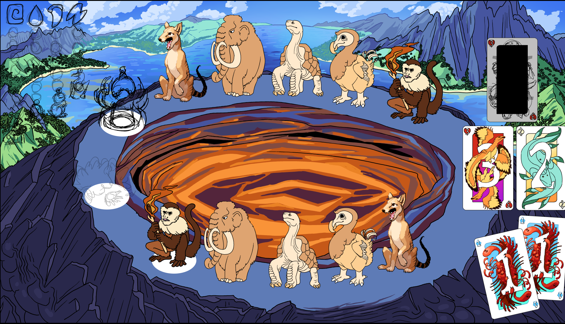 Volcango's initial, early, ugly baby stage. An unpolished illustration of a volcano rim with tropical islands in the background. Orange animals gather around the rim. Scribbles and sketches mark work-in-progress elements such as play cards and upgrades.